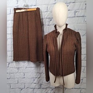 Vintage 70s 60 San Yuet Women's 2 Pc Set Skirt Jacket Suit Brown Japan Small 25W